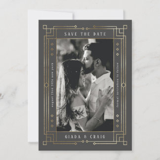 Chic Gray Faux Gold Foil Art Deco Save the Date Announcement