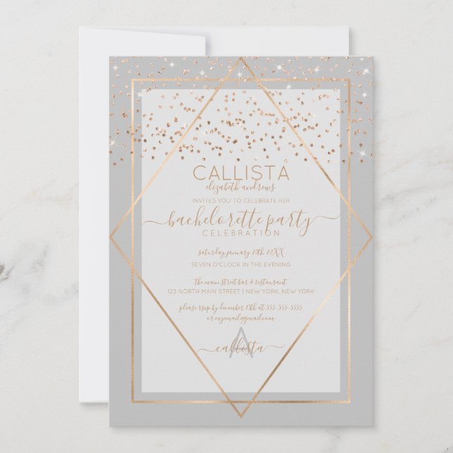 Chic Gray Gold Confetti Border Bachelorette Invitation (Front)