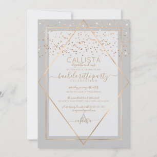Chic Gray Gold Confetti Border Bachelorette Invitation