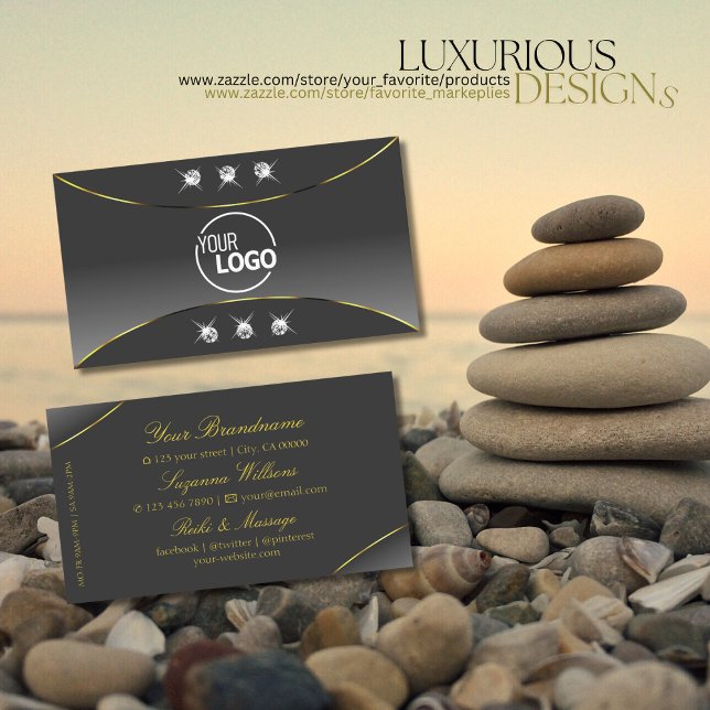 Chic Gray Gradient with Gold Ornate Jewels Logo Business Card (Creator Uploaded)