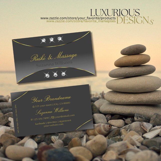 Chic Gray Gradient with Gold Ornate Sparkle Jewels Business Card (Creator Uploaded)