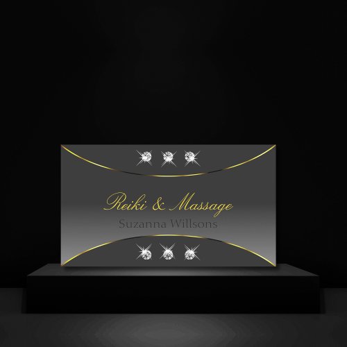 Chic Gray Gradient with Gold Ornate Sparkle Jewels Business Card