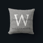 Chic Gray Linen Newlywed Monogram Wedding Keepsake Throw Pillow<br><div class="desc">Elegant wedding keepsake gray woven linen effect pillow with your names, monogram and married name in chic handwritten script calligraphy and modern typography. Simply add your names and monogram. Great home decor gift for a newlywed couple. Exclusively designed for you by Happy Dolphin Studio. If you need any help or...</div>