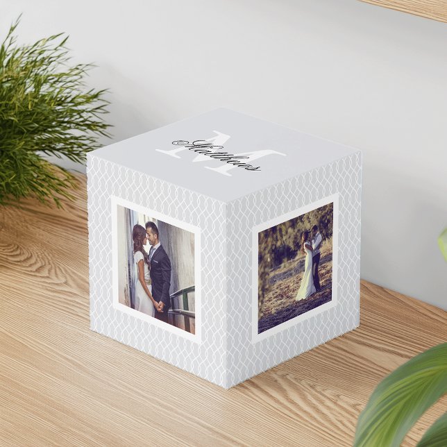 Chic Gray Monogram Wedding Photo Cube (Creator Uploaded)
