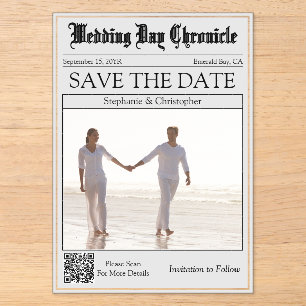 Chic Gray Newspaper 1 Photo QR Code Save the Date