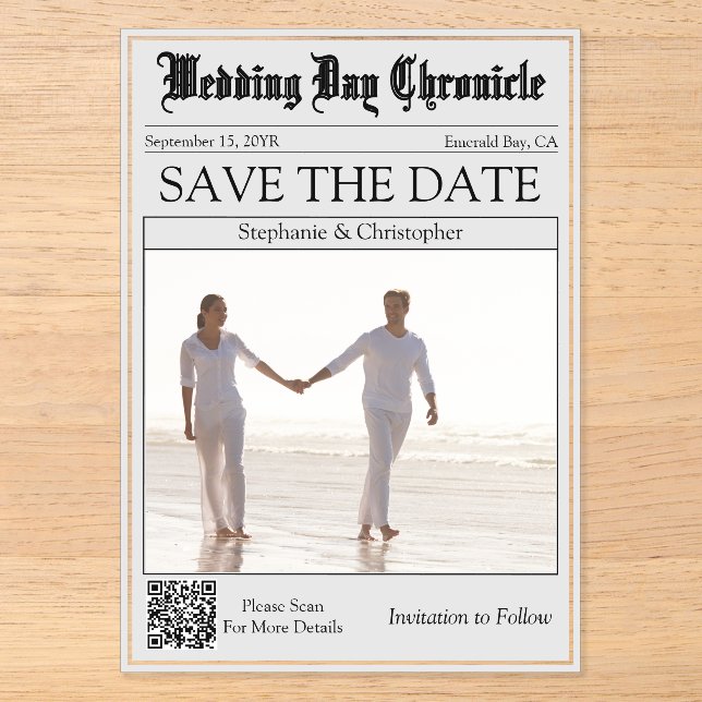 Chic Gray Newspaper 1 Photo QR Code Save the Date (Front)