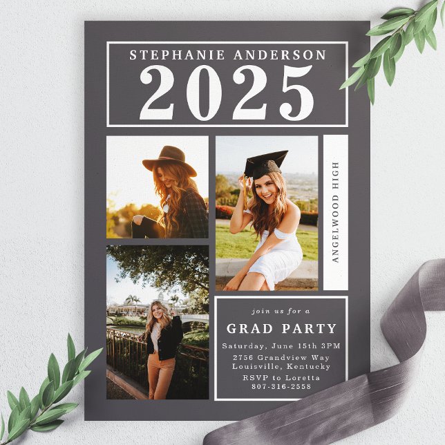 Chic Gray Photo Collage Graduation Party Invitation (Creator Uploaded)