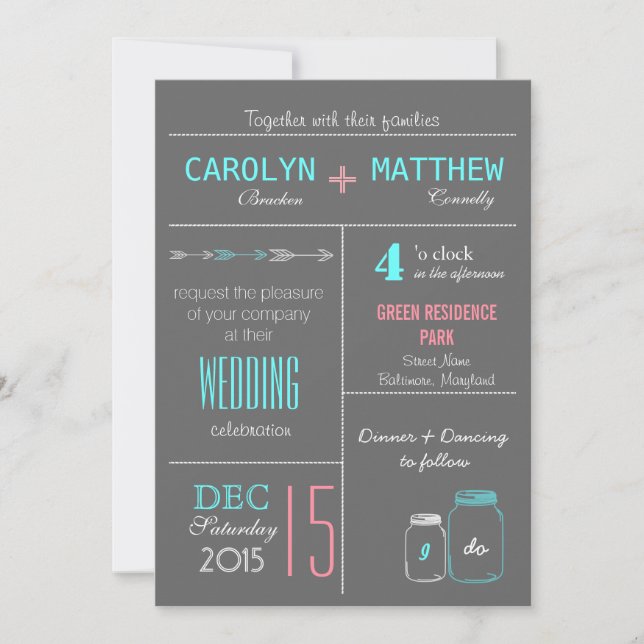 Chic Gray | Pink | Blue MasonJar Wedding Invite (Front)