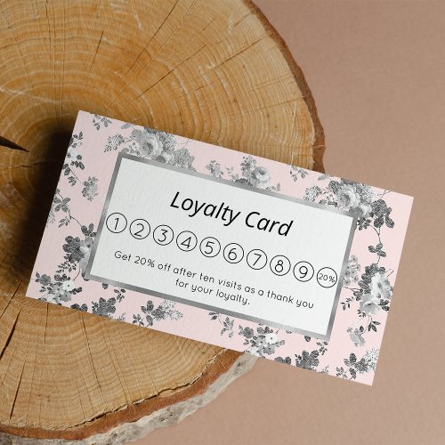 Chic gray pink silver elegant floral loyalty card