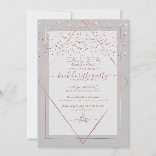 Chic Gray Rose Gold Confetti Border Bachelorette Invitation