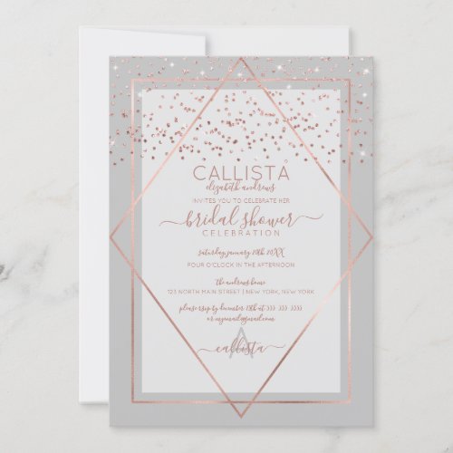 Chic Gray Rose Gold Confetti Border Bridal Shower Invitation