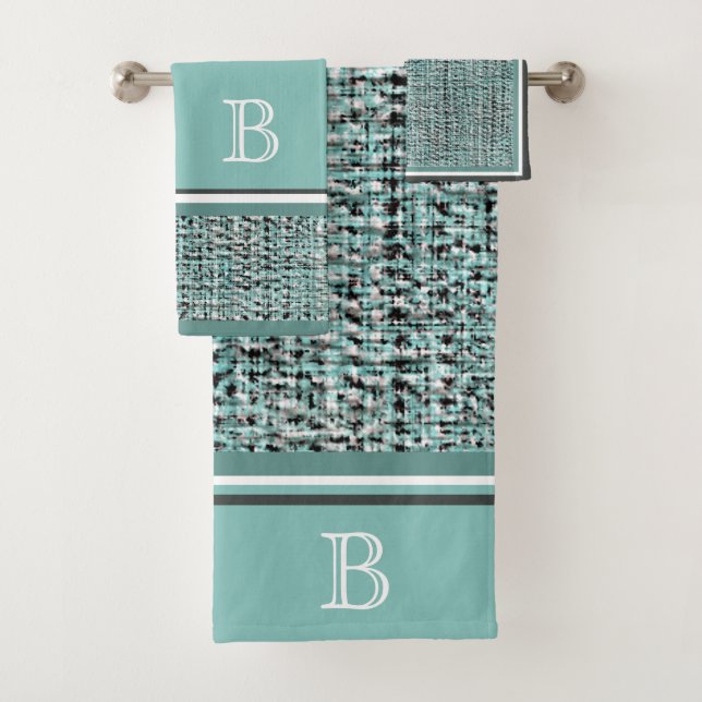 Chic Gray Seafoam Blue Green Boucle Pattern Custom Bath Towel Set (Insitu)