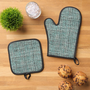 Chic Gray Seafoam Blue Green Boucle Woven Pattern Oven Mitt & Pot Holder Set