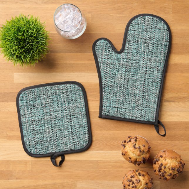 Chic Gray Seafoam Blue Green Boucle Woven Pattern Oven Mitt & Pot Holder Set (Top Down)