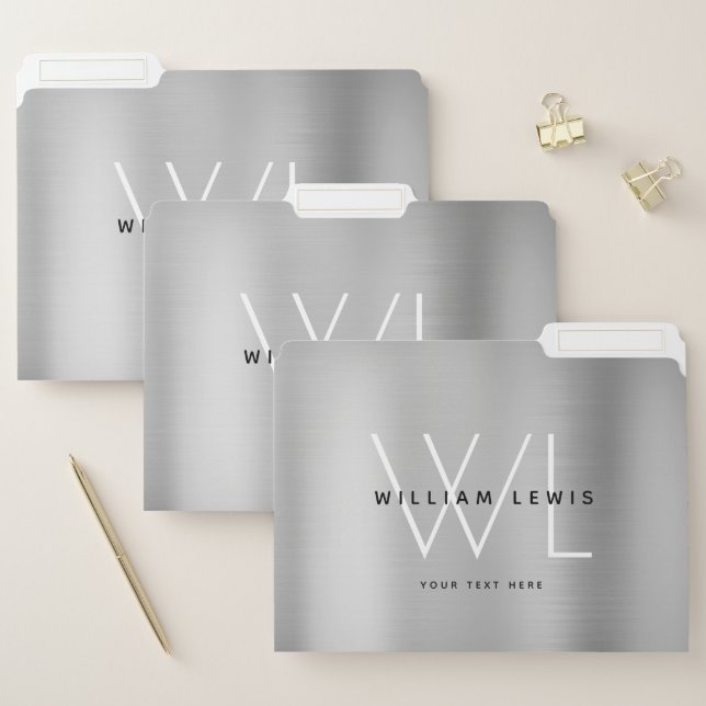 Chic Gray Silver Brushed Metal Modern Monogram  File Folder (Set)