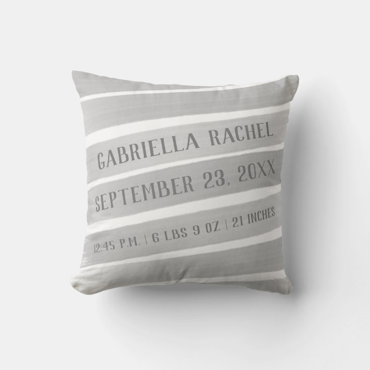 Chic Gray Stripes Personalized Baby Stats Nursery Throw Pillow Zazzle