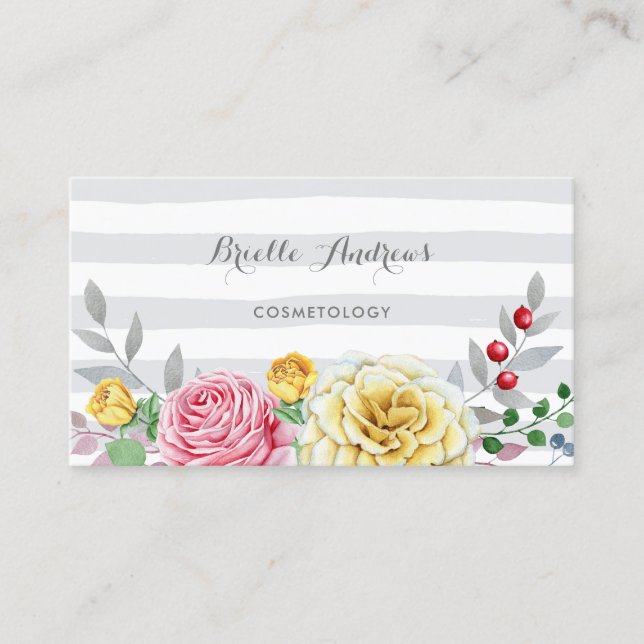 Chic Gray Stripes Pink and Yellow Rose Floral Business Card (Front)