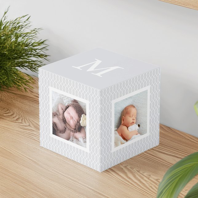 Chic Gray Trellis Pattern Monogram Photo Cube (Creator Uploaded)