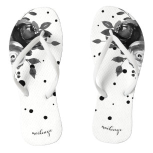 Chic Gray Watercolor Floral with Dots and Add Name Flip Flops