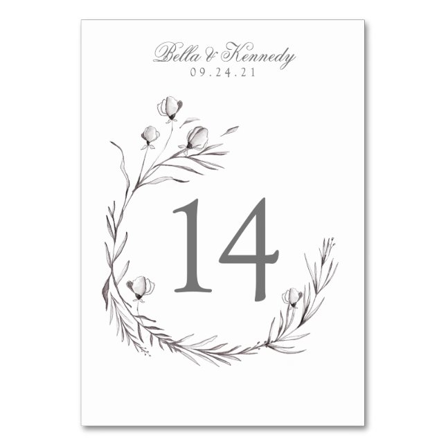 Chic Gray White Botanical Wreath Wedding Table Number (Front)