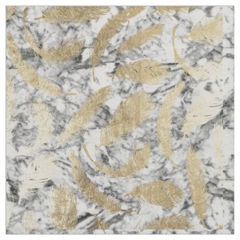 Chic Gray White Marble Faux Gold Feathers Pattern Fabric by pink_water at Zazzle