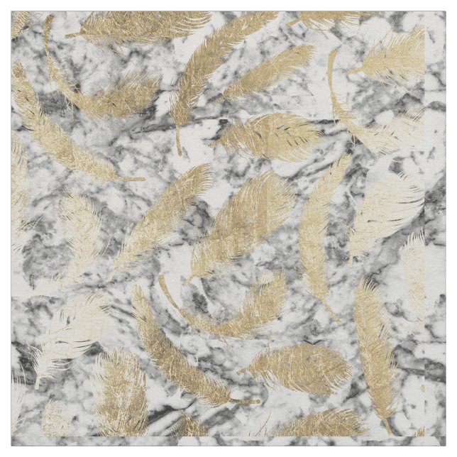Chic gray white marble faux gold feathers pattern fabric (Swatch)