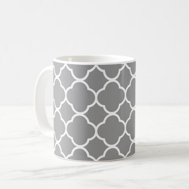 Chic Gray & White Quatrefoil Coffee Tea Mug (Front Left)