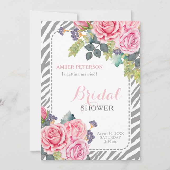Chic Gray Zebra Print Pink Roses Bridal Shower Invitation (Front)