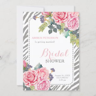 Chic Gray Zebra Print Pink Roses Bridal Shower Invitation
