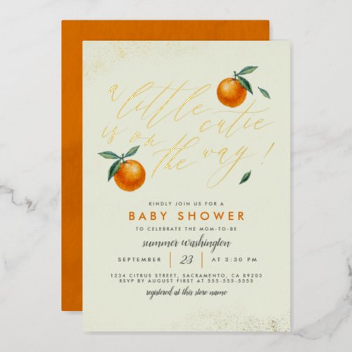 Chic Green A Little Cutie Orange Baby Shower Foil Invitation