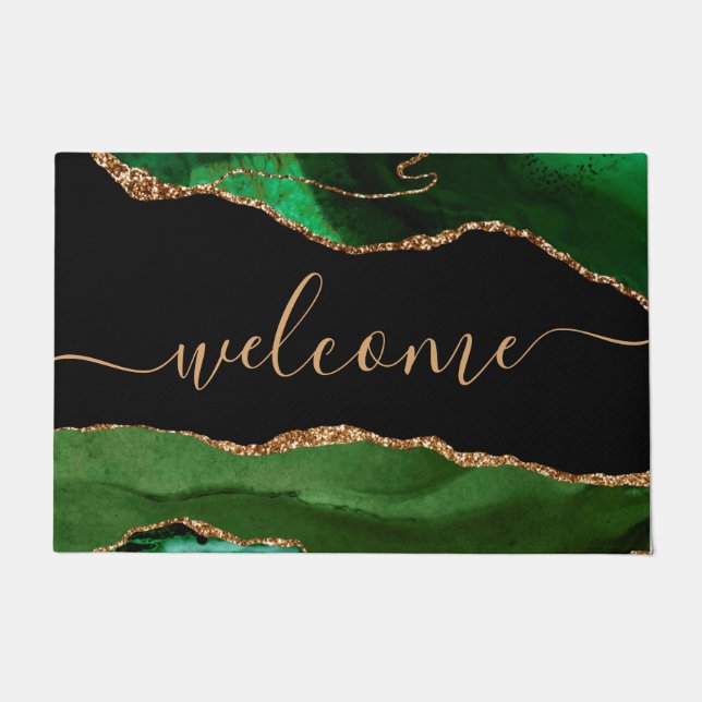 Chic Green Agate Gold Glitter Script Welcome Doormat (Front)