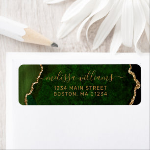Chic Green Agate Gold Script Monogram Address Label