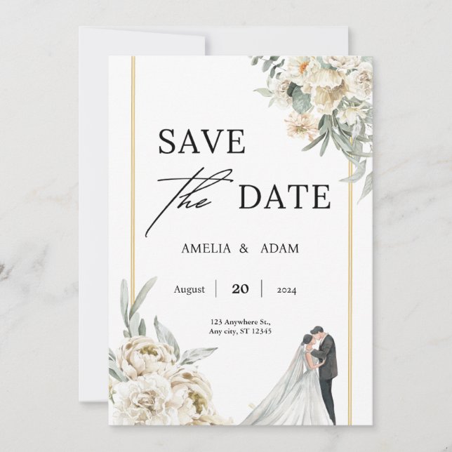 Chic Green and Beige Leaves Save the Date Wedding  Invitation (Front)