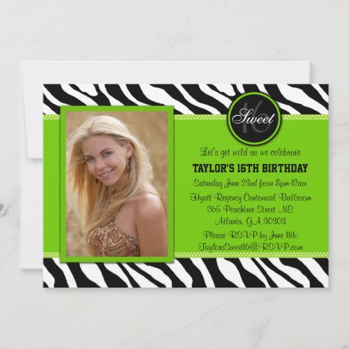 Chic Green and Black Zebra Print Photo Invite