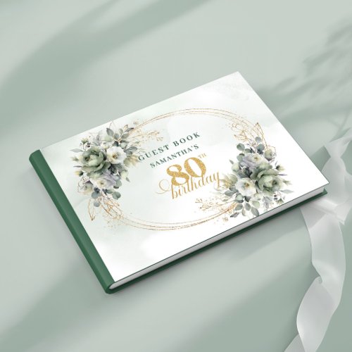 Chic Green and Gold 80th Birthday Sign In Book