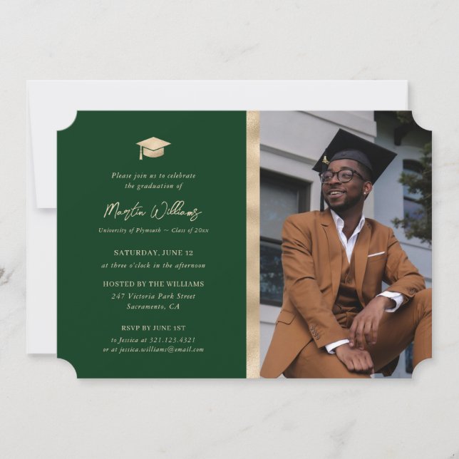 Chic Green and Gold Photo Graduation Party Invitation (Front)