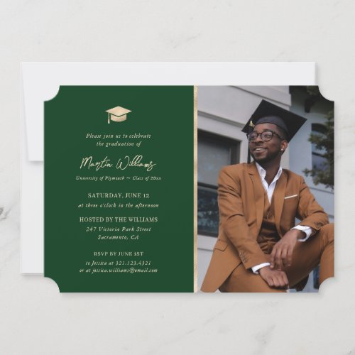Chic Green and Gold Photo Graduation Party Invitation
