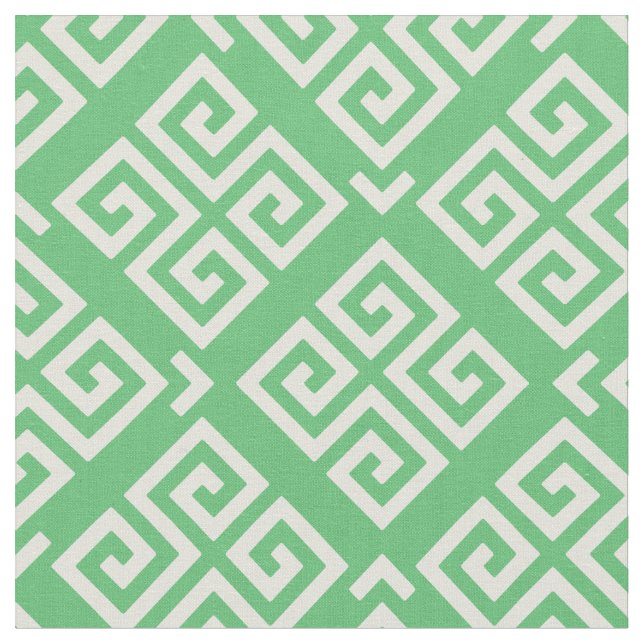 Chic green and white greek key geometric patterns fabric (Close Up)