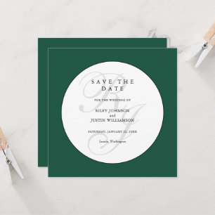 Chic Green and White Monogram Save the Date