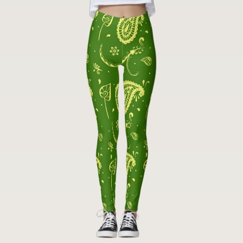 Chic Green And Yellow Kalka Print Womens Leggings