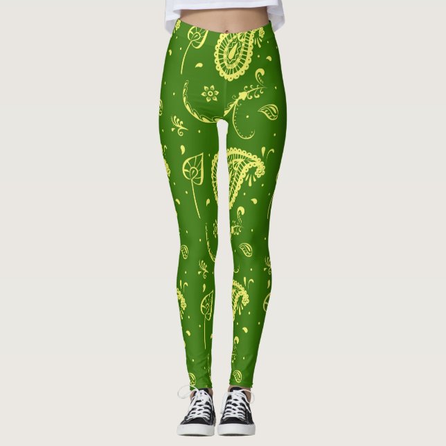 Chic Green And Yellow Kalka Print Women's Leggings (Front)