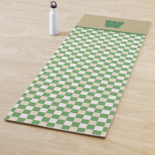 Chic Green Beige Checkerboard Wellness Monogrammed Yoga Mat