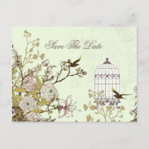 Chic green bird cage, love birds save the dates announcement postcard