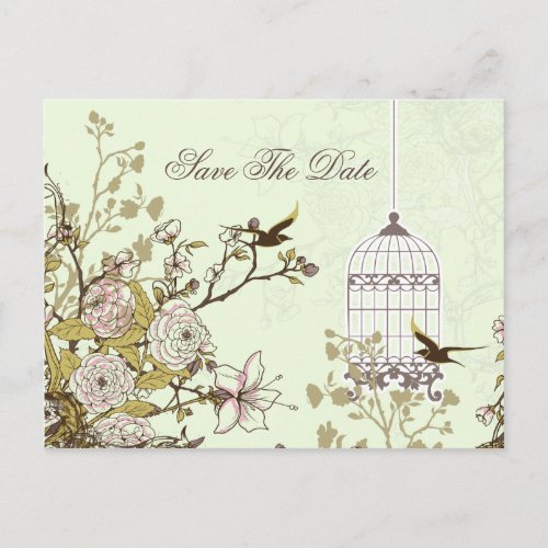 Chic green bird cage love birds save the dates announcement postcard