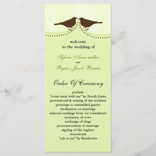Chic green bird cage, love birds wedding programs (Front)