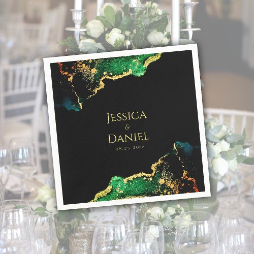 Chic Green Black Gold Wedding Napkins