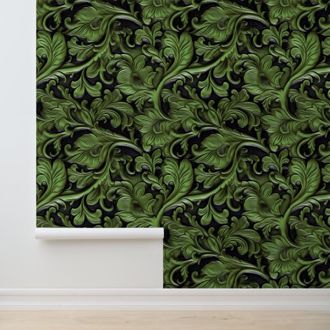 Chic green black tooled leather  wallpaper  (Application)