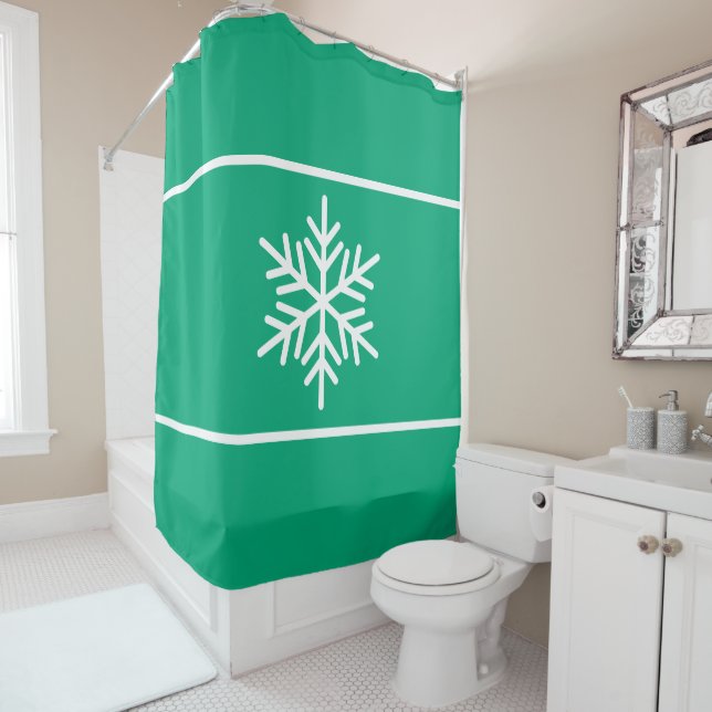 Chic Green Blue White Snowflake Horizontal Stripes Shower Curtain (In Situ)