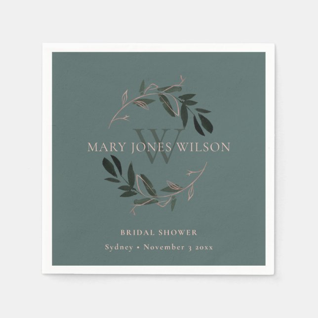 CHIC GREEN BLUSH PINK FOLIAGE WREATH BRIDAL SHOWER NAPKINS (Front)