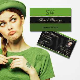 Chic Green Borders on Black with Monogram Photo Business Card